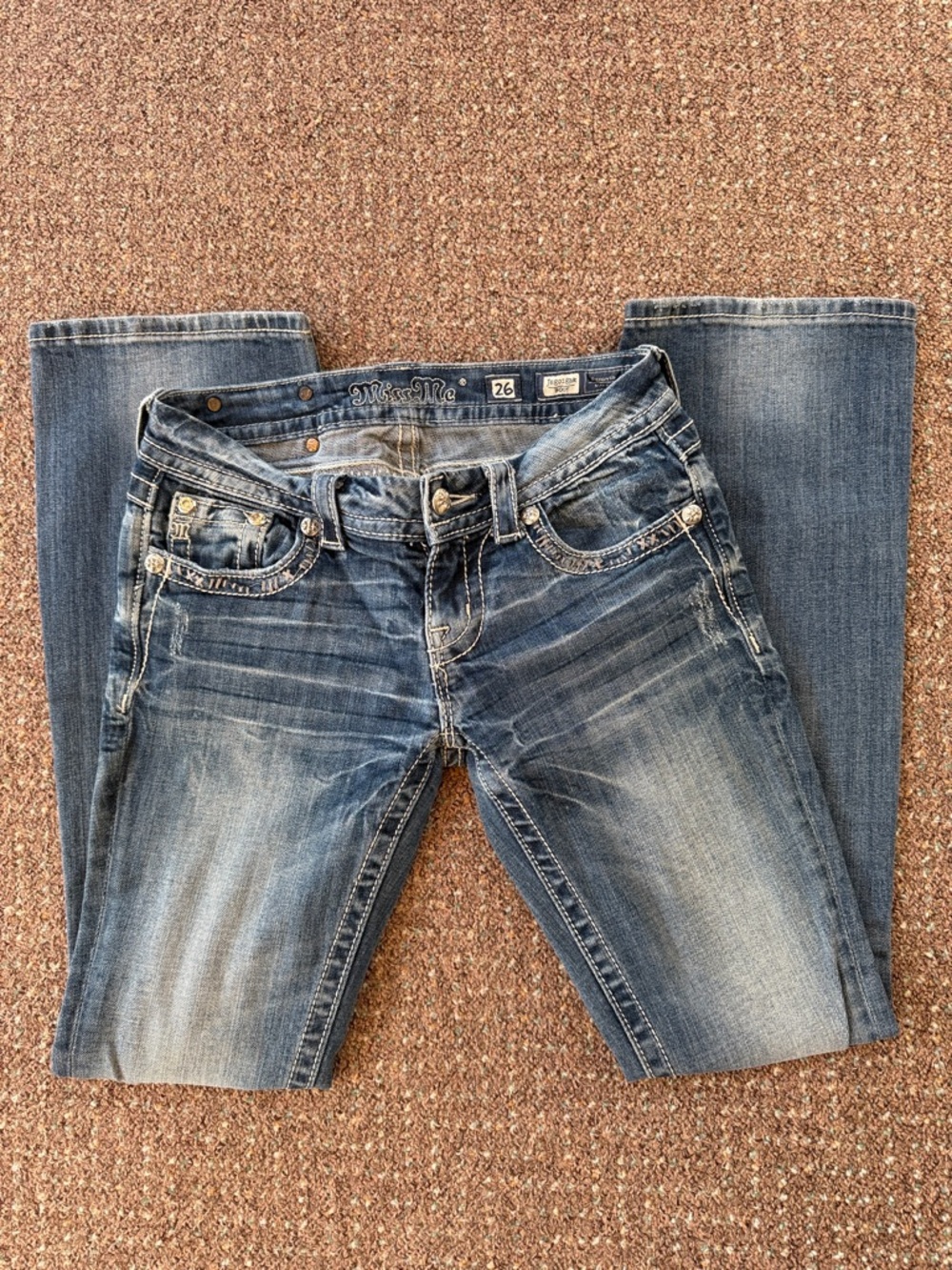 Miss Me Women's Faded Blue Bootcut Jeans with Embellished Pockets